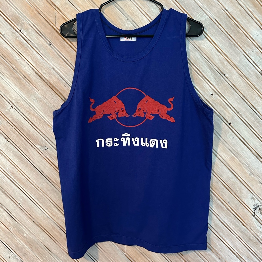 Sky Blue Workout Tank Top with Red Bull Graphic Design Energy Drink